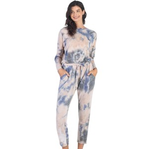 Slickblue Women's Casual Tie-Dye Jumpsuit, Long Sleeve, Drawstring Waist, Street Style, Size S-L, Navy/Burgundy - 1 of 4