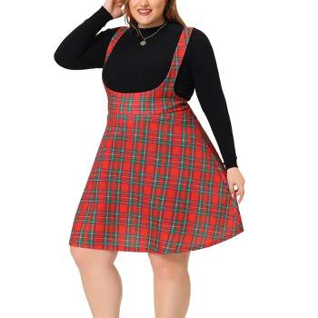 Agnes Orinda Plus Size Suspenders Skirts for Women a Line Mini Tartan Overall Pinafore Dress Suspender Skirt