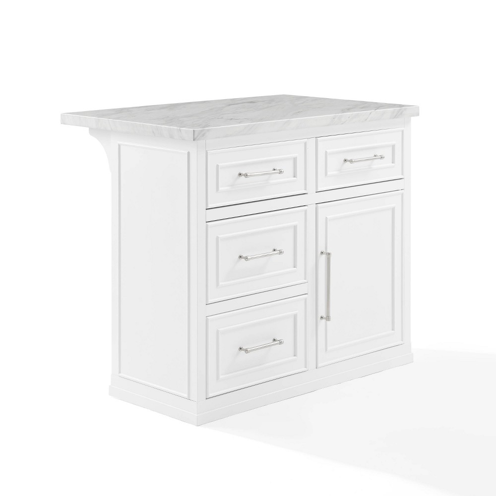 Crosley Cutler Faux Marble Top Kitchen Island White/White Marble: Traditional Style Cart with Adjustable Shelves, Storage