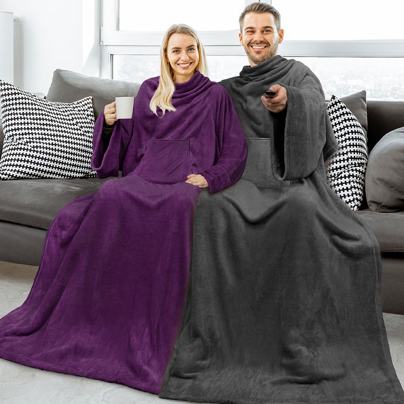 PAVILIA Fleece Wearable Blanket with Sleeves, Warm Cozy Soft Functional Lightweight Sleeved Throw Adults Men Women, 4 of 9