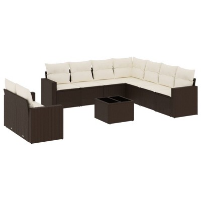 vidaXL 10 Piece Patio Sofa Set with Cushions Brown and Cream - With Table