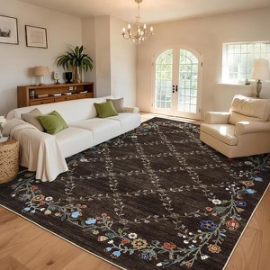 8x10 Brown Washable Floral Area Rug, Modern Low Pile Non-Slip Carpet for Living Room & Bedroom, Machine Washable - 1 of 4