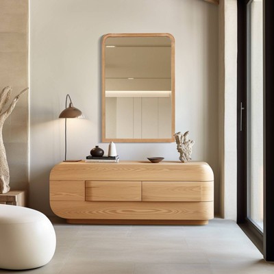 Natural Wood Rectangular Wall Mirror with Arched Top 24" x 36"