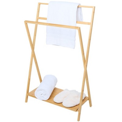 The Lakeside Collection 38.5" Tall Bamboo Wood Towel Rack with Bottom Organizing Shelf