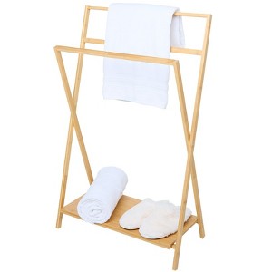The Lakeside Collection 38.5" Tall Bamboo Wood Towel Rack with Bottom Organizing Shelf - 1 of 3