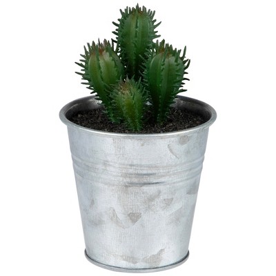Mini Tropical Green and Red Artificial Cactus in Silver Tin Pot