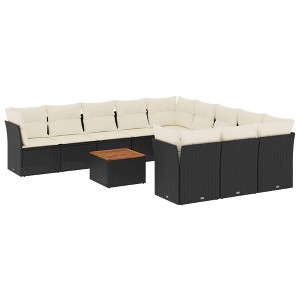 vidaXL Patio Sofa Set with Cushions Outdoor Furniture 12 Piece Poly Rattan - Black and Cream - 1 of 4