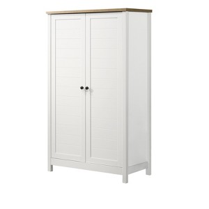 Vynxaria 35" White Storage Cabinet with Oak Accents and Slatted Panel Design - 1 of 4