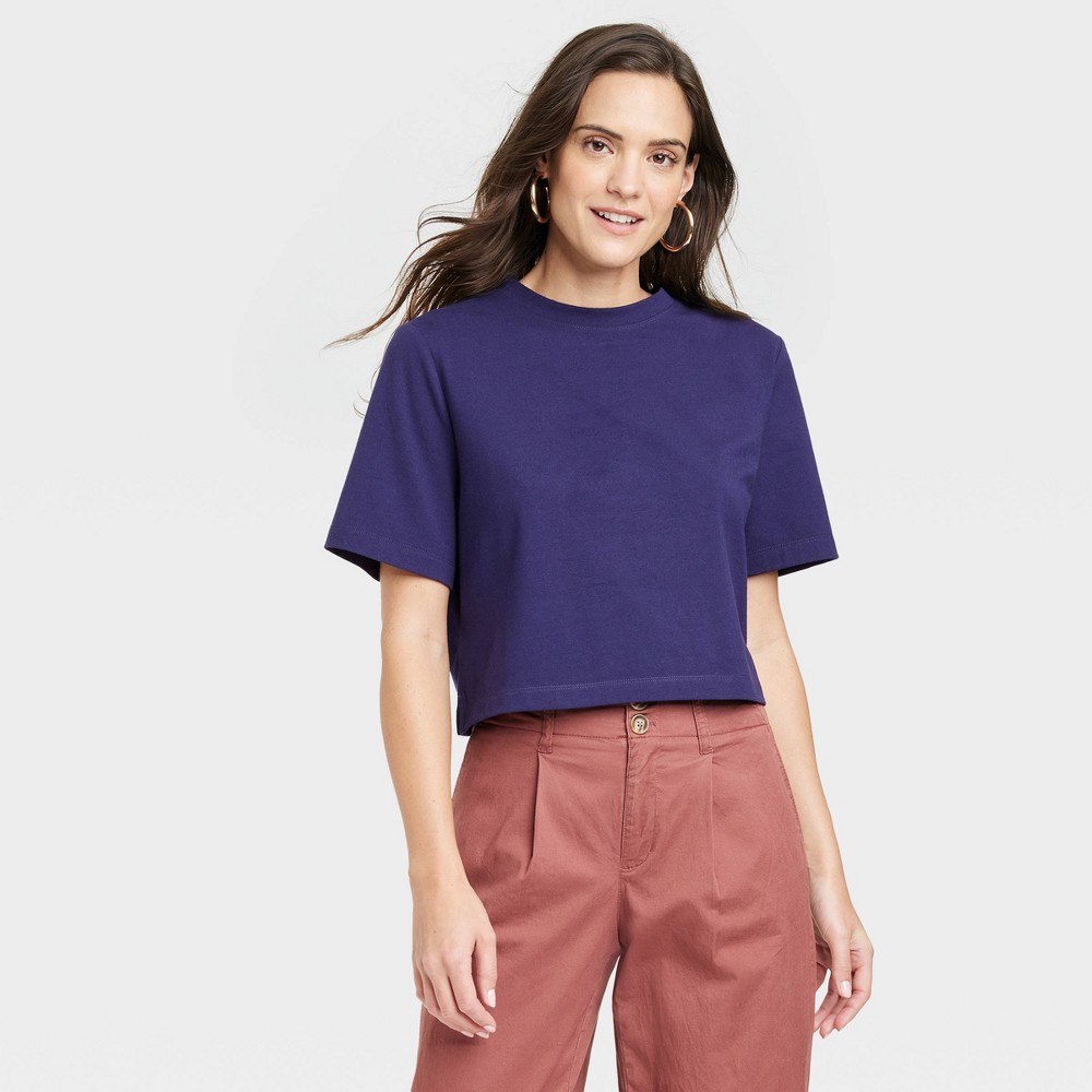 Women's Boxy Elbow Sleeve Cropped T-Shirt - A New Day™ Navy M