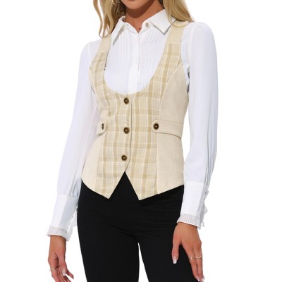 INSPIRE CHIC Women's Contrast Plaid Button Down Sleeveless Vintage Waistcoat