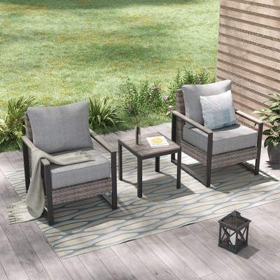 Sonkuki 3 Pieces Patio Set, Chairs and Side Table, PE Rattan Wicker Patio Furniture with Washable Cushion