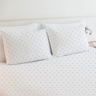 California King White and Navy Blue Cotton Polka Dot Sheet Set