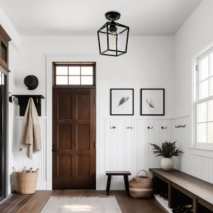 YANSUN 7 in. 1-Light Black Farmhouse Retro Cage Semi Flush Mount - 1 of 4