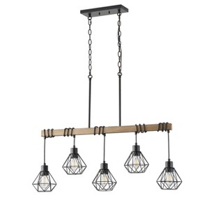 Dewdrop Farmhouse Rustic Kitchen Island Light 5 Light Linear Chandelier 39.17'' Adjustable Chain Faux Wood Beam Bar  Black and Wood for Dining Room - 1 of 4