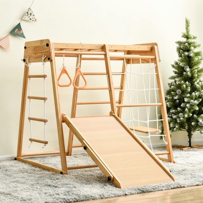 GustoWave Indoor Playground 8-in-1 Jungle Gym Toddler Climbing Toys with Slides and Play Table Wooden Rock Climbing Ladder with Rope Wall Swing Rings
