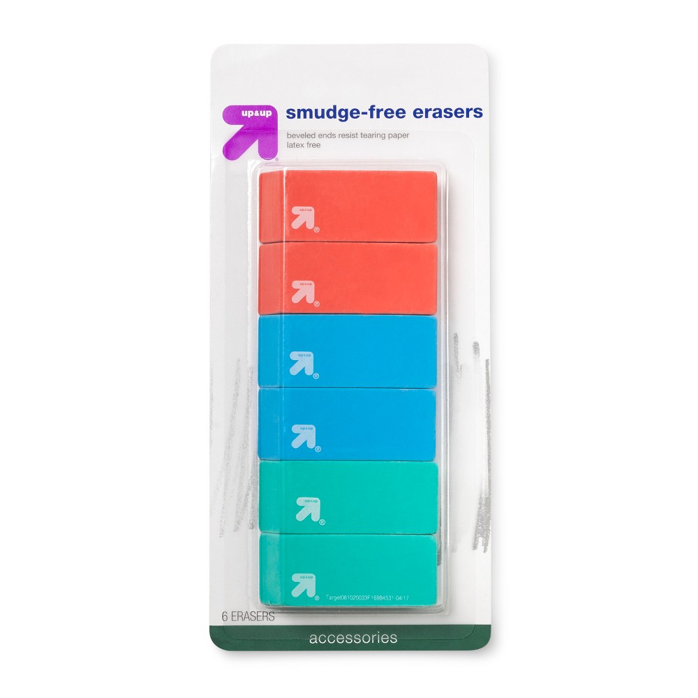Smudge Free Erasers 6ct - up&up™: Vulcanized Rubber, Multicolor, Block Erasers for Pencils, Stationery, Office Supplies