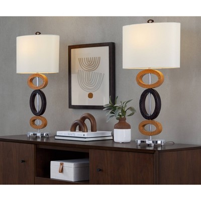 LumiSource (Set of 2) Hoops 29" Table Lamps Wood Look Brown Polyresin with Chrome Metal Accents and White Linen Shade
