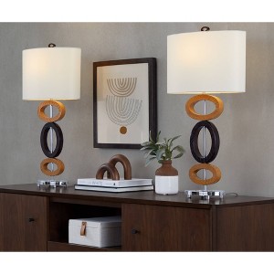 LumiSource (Set of 2) Hoops 29" Table Lamps Wood Look Brown Polyresin with Chrome Metal Accents and White Linen Shade - 1 of 4
