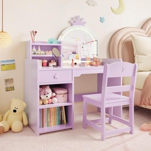 Kids Vanity with Lighted Mirror, 2 in 1 Princess Vanity Set Toddler Vanity Table & Chair Set with Open Bookshelf, Storage Cabinet & Shelves - 1 of 4