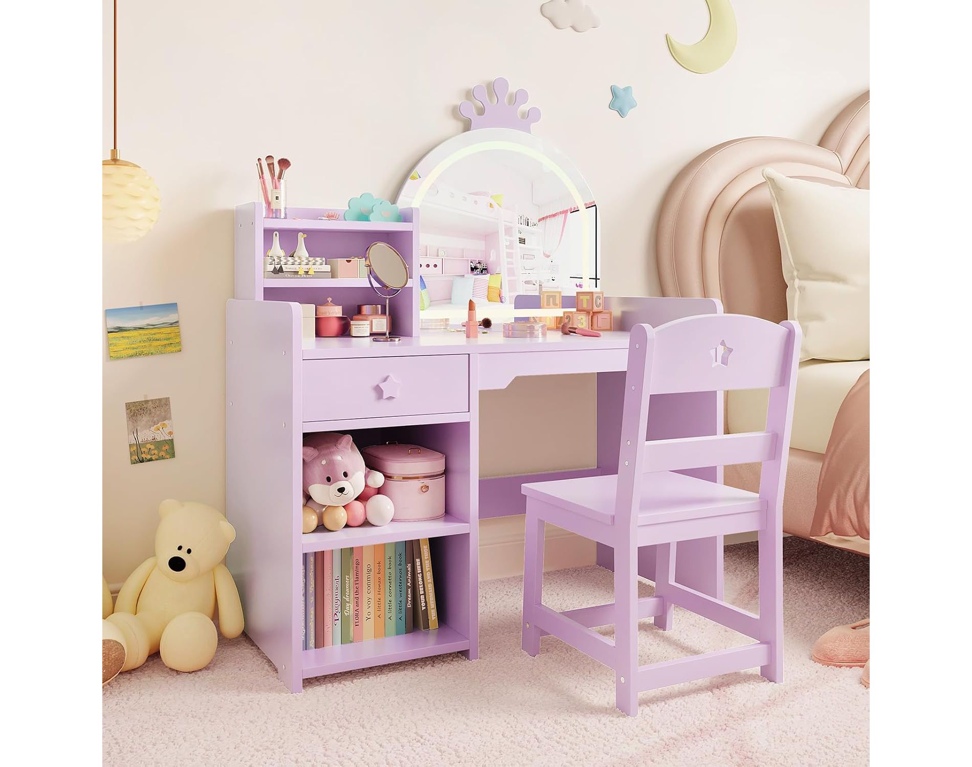 Kids Vanity Set with Lighted Mirror, 2-in-1 Princess Vanity Table & Chair, Toddler Makeup Desk with Bookshelf, Storage Cabinet & Shelves, Purple