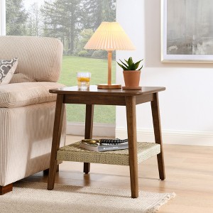 23" Boho Side Table With Storage Mid-Century Side Table With Woven Shelf Bedside Tables For Living Room Couch Bedroom - 1 of 4