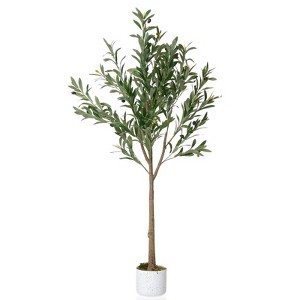 Orieon 4.4FT Artificial Olive Tree with Planter – Lifelike Silk Leaves & Fruits, Bendable Stems, Indoor Outdoor Home Office Decor - 1 of 4