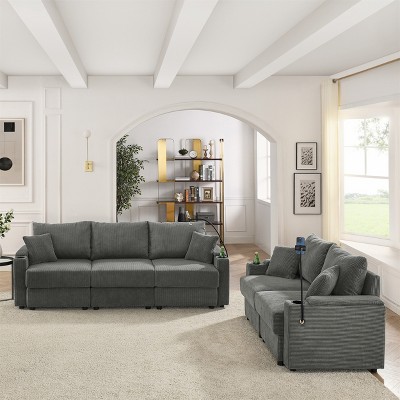 Modern 2-Piece Corduroy Sofa Set with 22.5" Deep Seats, Sofa & Loveseat with Storage, Cup Holders & USB Ports, Solid Wood Frame
