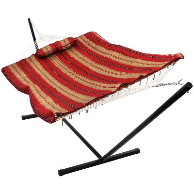 Sunnydaze Cotton Rope Freestanding Hammock with Spreader Bar with Portable Steel Stand and Pad and Pillow Set - 12' Stand