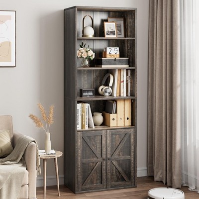 Bookcase with Doors Farmhouse Bookshelf 11.8in Depth Wooden Display Storage Shelves 71.4in Tall Bookcases