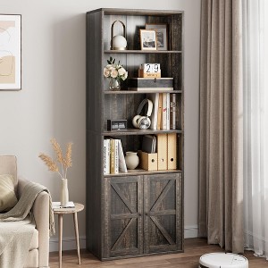 Bookcase with Doors Farmhouse Bookshelf 11.8in Depth Wooden Display Storage Shelves 71.4in Tall Bookcases - 1 of 4