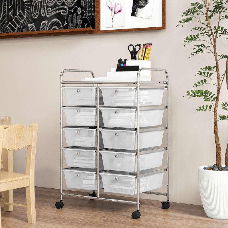 Tangkula 10-Drawer Rolling Storage Cart Tools Scrapbook Paper Organizer on Wheels Clear, 2 of 11