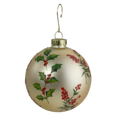 Northlight Gold Holly Berry Glass Ball Christmas Ornament 4" (100mm)