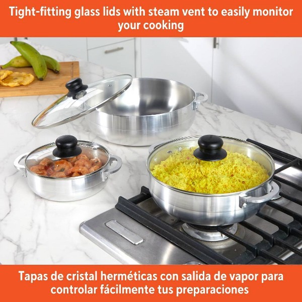 Juego de 3 Calderos Básicos IMUSA con Tapa de Vidrio: Utensilios de Aluminio, 6 Piezas, Compatibles con Eléctrica y Gas, Lavar a Mano 5