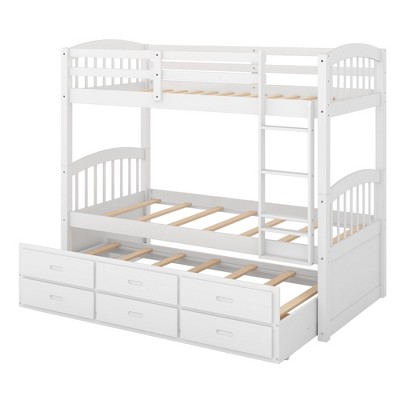 NicBex Twin Over Twin Bunk Bed with Trundle with 3 Storage Drawers and Safety Guardrail,Twin Loft Bed with Ladder,Bunk Beds for Bedroom,White