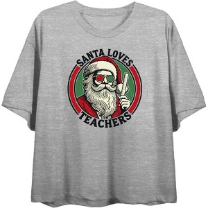 Santa Loves Teachers Women's Crew Neck Short Sleeve Crop Tee - 1 of 3