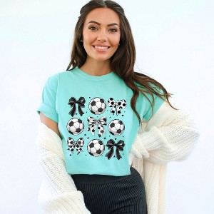 Simply Sage Market Women's Soccer Ball Bows Short Sleeve Garment Dyed Tee - 1 of 3