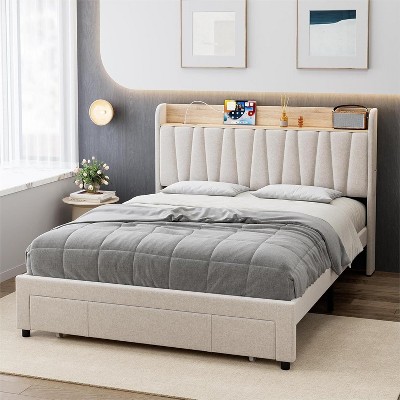 Upholstered Full Bed Frame with Storage Headboard and Charging Station, Platform Bed Frame with Drawers, Heavy Duty, No Box Spring Needed, Beige