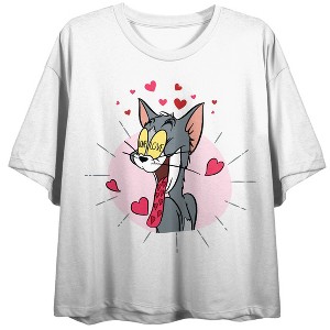 Tom & Jerry Lovestruck Tom With Heart Eyes Women's White Short Sleeve Crew Neck Crop Tee - 1 of 3