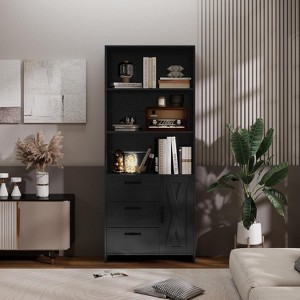 6-Tier Bookshelf with Door and 3 Drawers,Bookcase with 3-Tier Open Shelves, Book Shelf with Storage Cabinet for Home Office, Living Room - 1 of 4