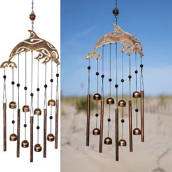 VP Home 28.5" H Iron Dolphin Rustic Copper Wind Chimes for Outside, Brown
