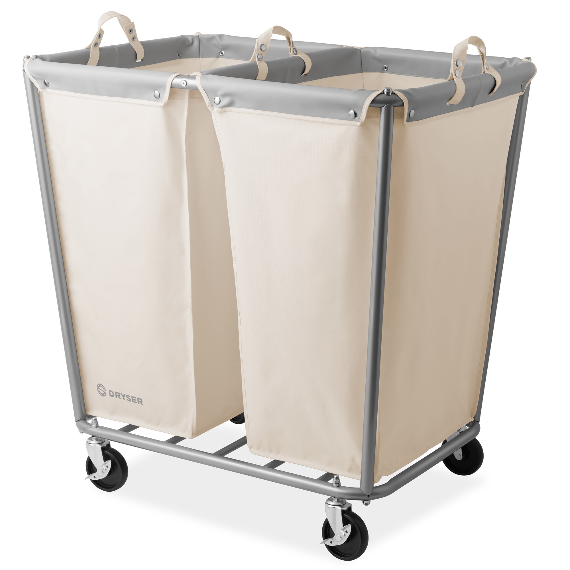 Dryser Divided Commercial Heavy-Duty Rolling Laundry Hamper, Steel Frame Cart on Wheels with 2 Section Removable Canvas Bins - White