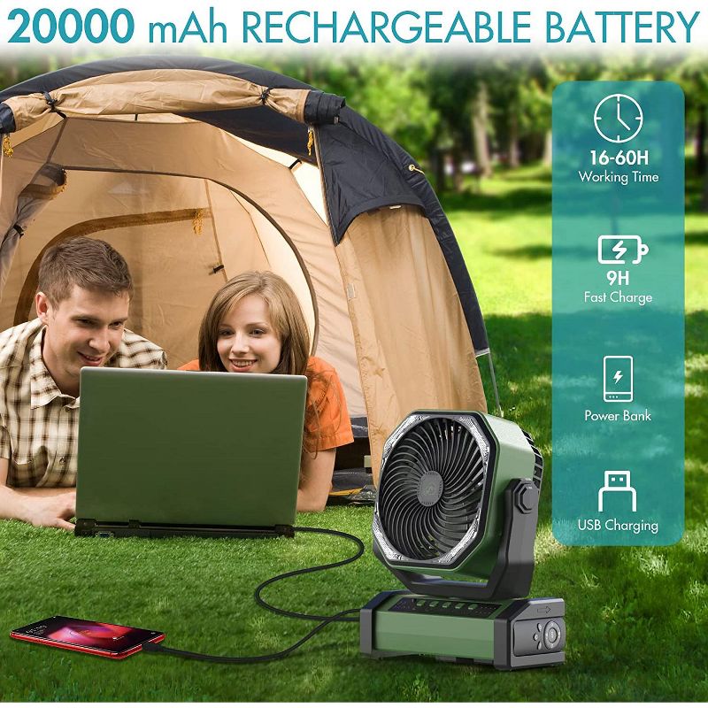 PANERGY 20000mAh Camping Fan with LED Light, Auto-Oscillating Desk Fan with Remote & Hook, Rechargeable Battery Operated Tent Fan - Army Green, 2 of 9