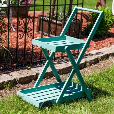 Robin Egg Blue 2-Tier Fir Wood Wheeled Planter Stand