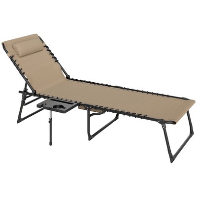 Outsunny Folding Chaise Lounge Chair Outdoor Tanning Chair with 5-Level Adjustable Back, Side Table, Pillow, Pocket for Yard, Beach, Pool, Beige