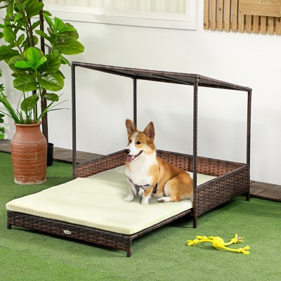 Medium Brown Wicker Outdoor Dog Bed with Roof and Cushion