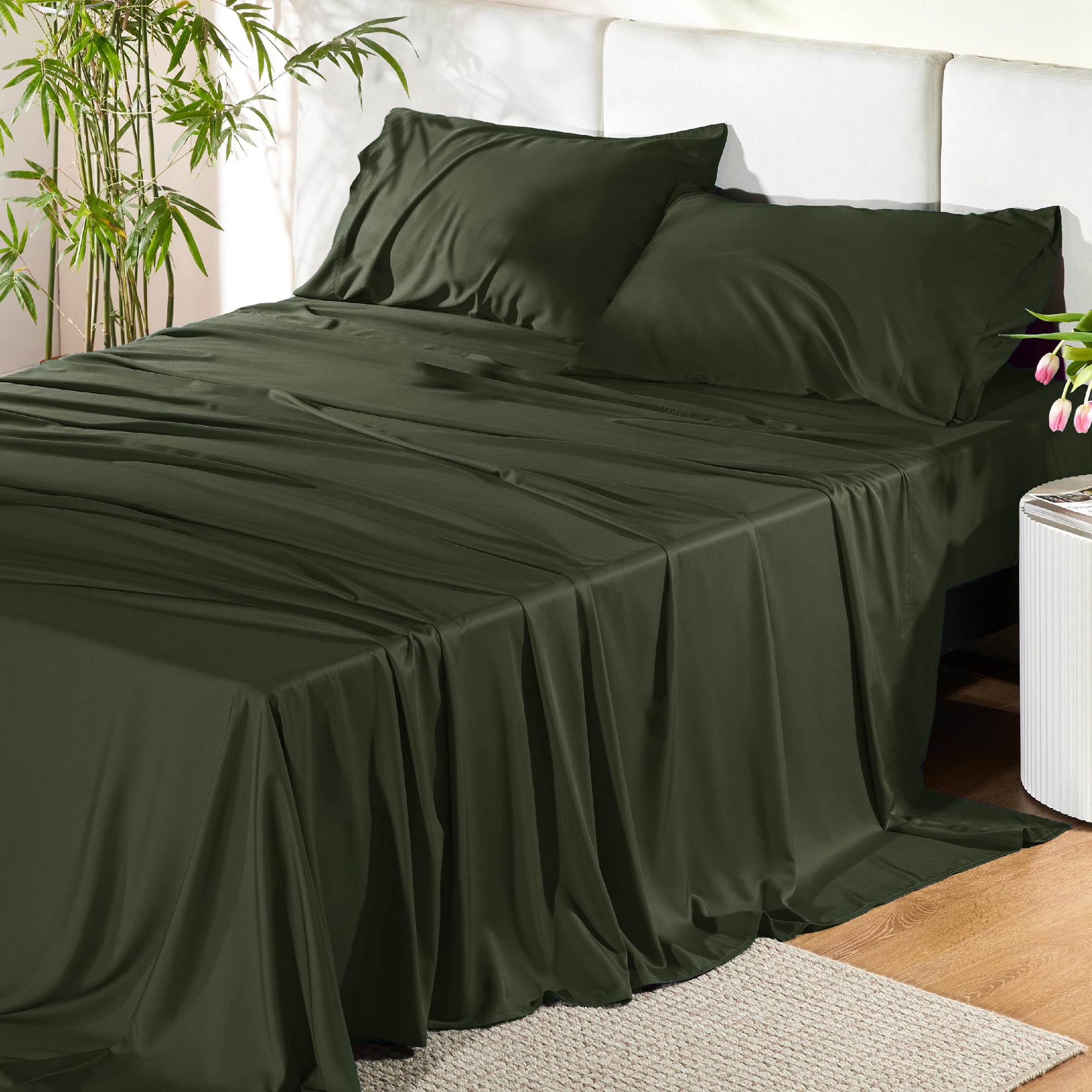 Rayon Derived from Bamboo Sheet Set 4 Pcs Olive Green Queen Cooling & Moisture-Wicking Bedding with Deep Pockets