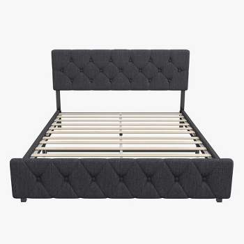 WhizMax Bed Frame with Type-C & USB Ports, Wooden Slats Support, Linen Fabric Wrap, No Box Spring Needed, Easy Assembly