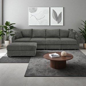 132" Corduroy L-Shaped Sectional Sofa with Storage & Cup Holders - 1 of 4