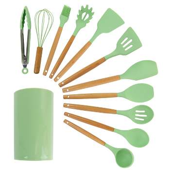 12-Piece Food Safe Silicone Kitchen Utensils with Wooden Handles - Gre