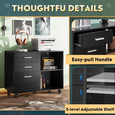 Black 3-Drawer Mobile Wood File Cabinet with Open Shelves